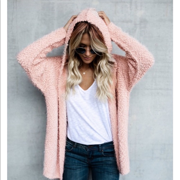 Last one! Was $35 Pink Shaggy Open Hooded Cardigan - Picture 2 of 8